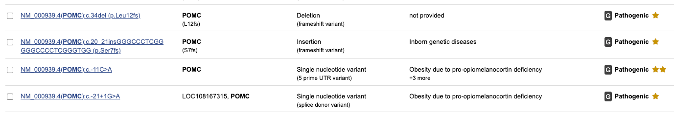 ClinVar POMC entries